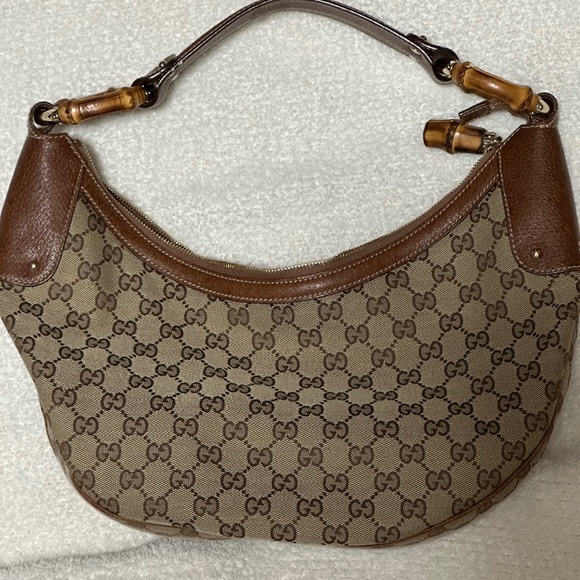 Gucci GG Bamboo Canvas Leather Hobo  Bag  PREOWNED/USED - Picture 1 of 9